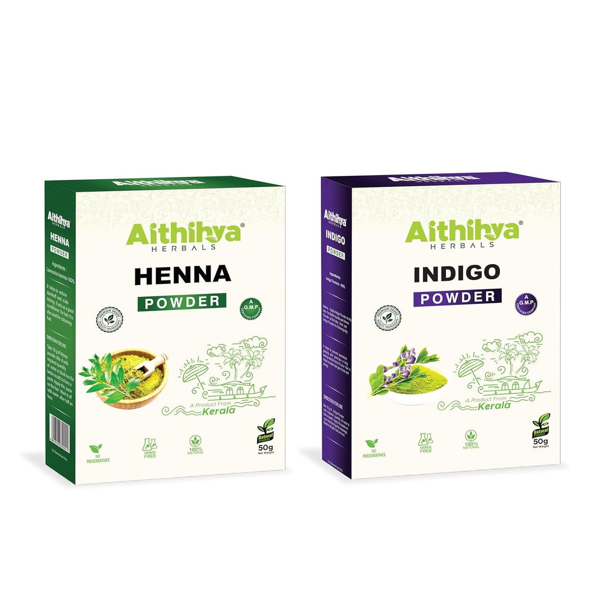 Aithihya Herbals 100% Pure Henna & Indigo Powder Combo | Natural Herbal Hair Color Kit for Brown to Black Shades | Chemical-Free Hair Dye & Conditioner | Safe for Men & Women | 2 x 50g Packs