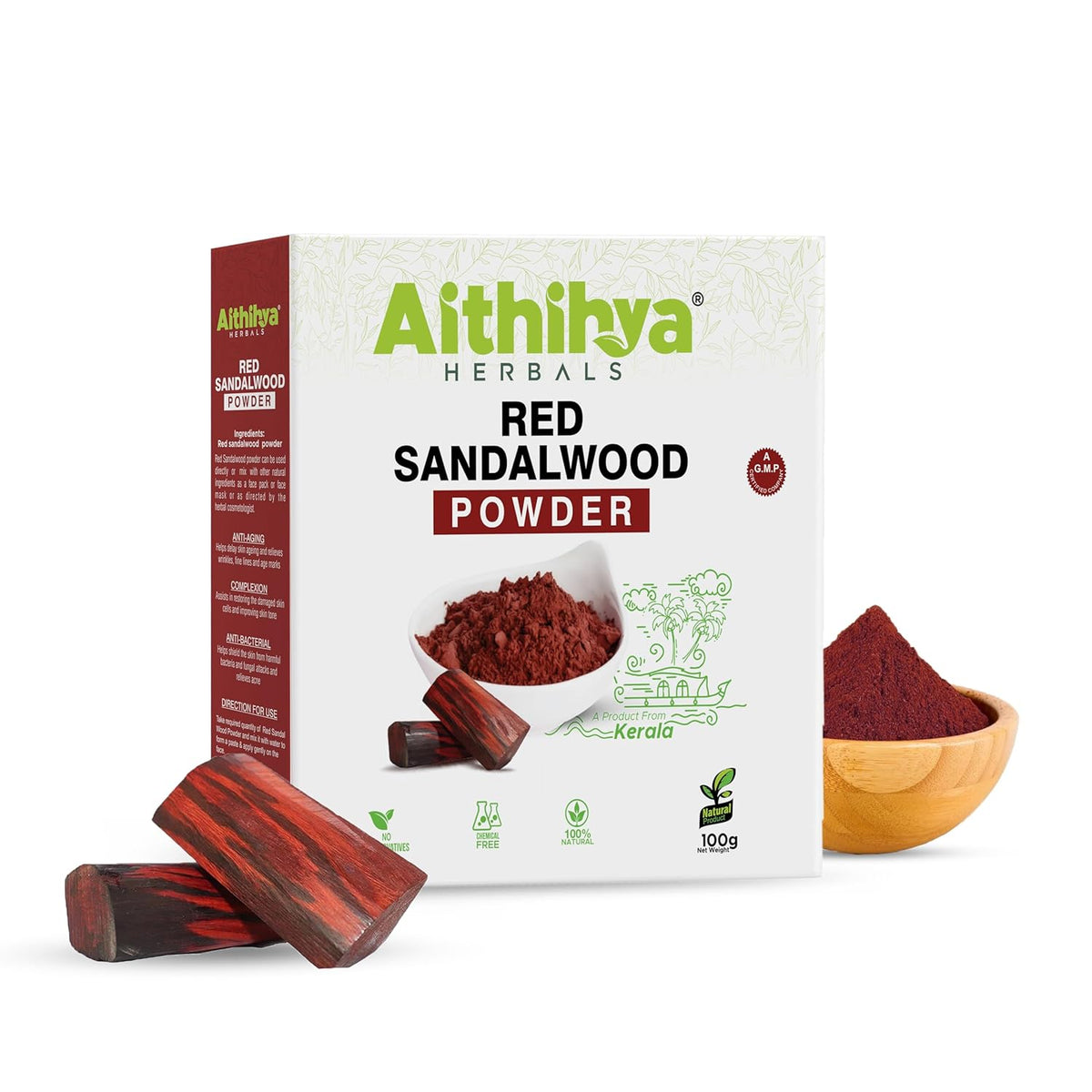 'Aithihya Herbals Red Sandalwood Facepack Powder 100g | 100% Pure Lal Chandan Ayurvedic Face Pack for Glowing Skin, Acne & Pimple Care, Blemish Fading, Tan Removal & Even Skin Tone | No Chemicals Added